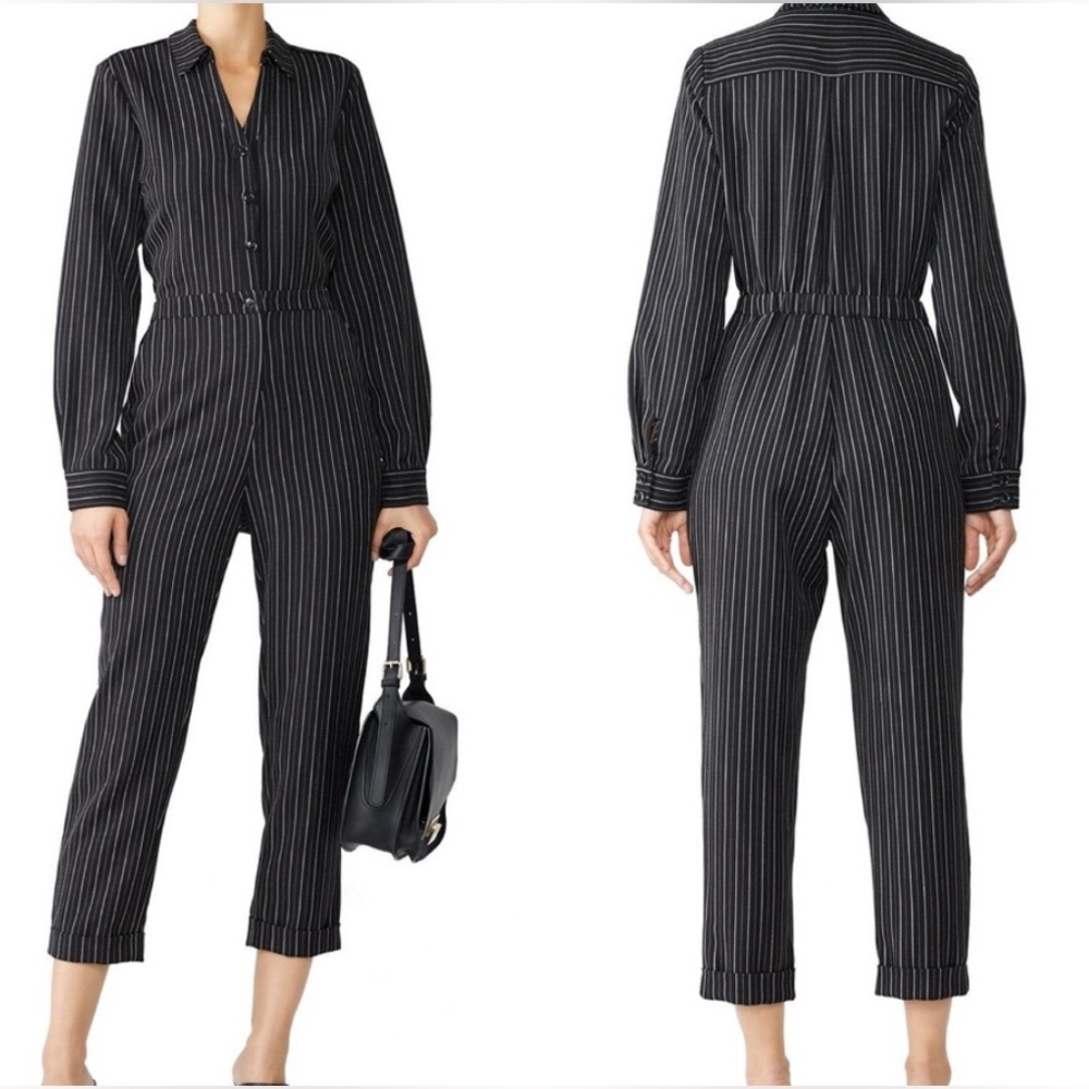 Greylin Black Pinstripe Long Sleeve Collared Jumpsuit